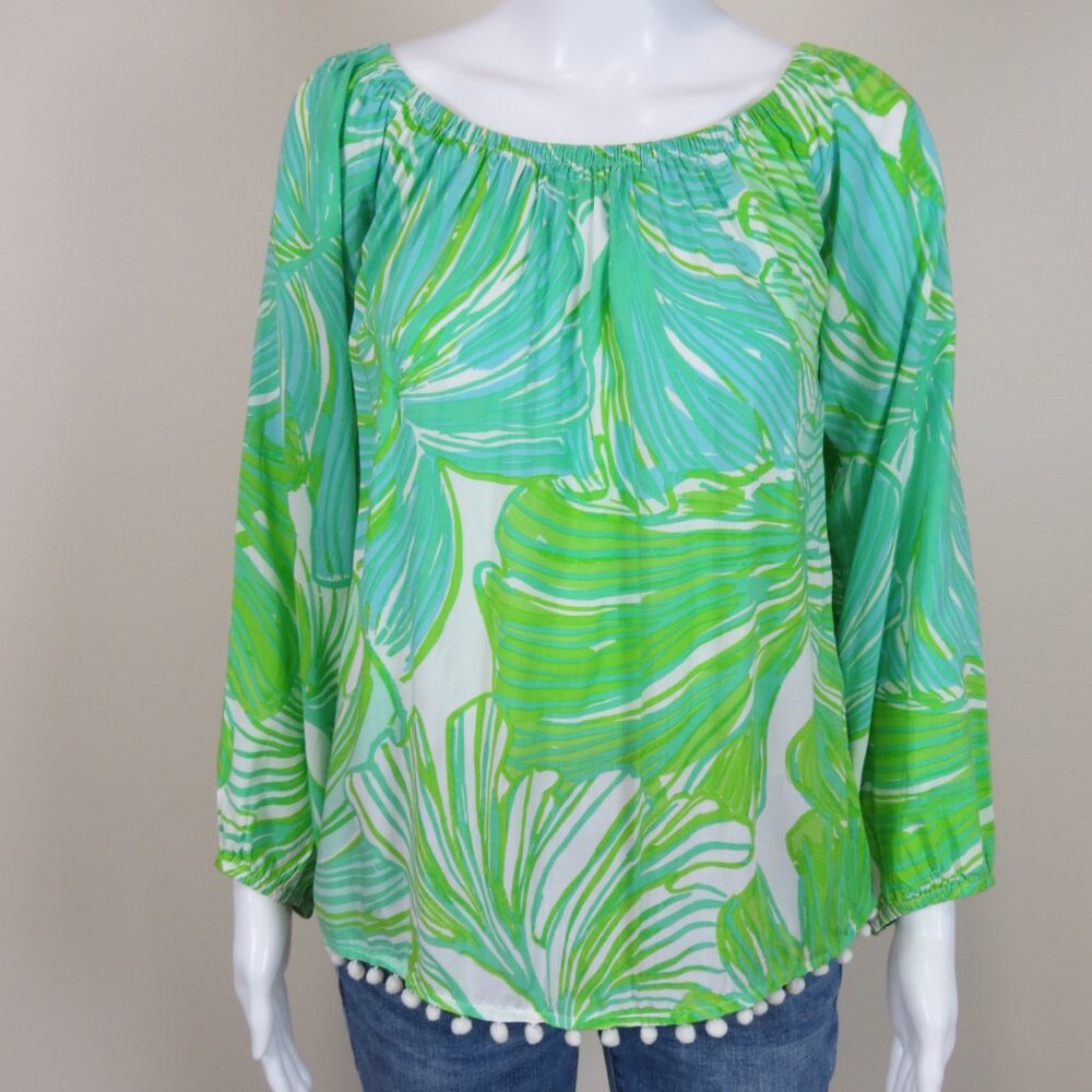 Lilly Pulitzer Enna Blouse Pom Pom Trim Tropical Beach SIZE Small Green & White